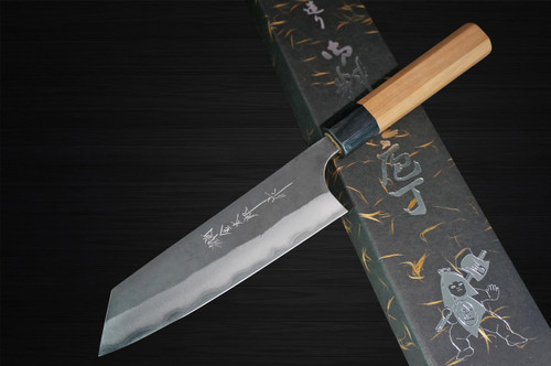 Yoshimi Kato Aogami Super Clad Kurouchi AC Japanese Chef's Bunka Knife 170mm with Black Cherry Octagonal Handle 