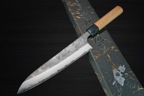 Yoshimi Kato Aogami Super Clad Kurouchi AC Japanese Chef's Gyuto Knife 180mm with Black Cherry Octagonal Handle 