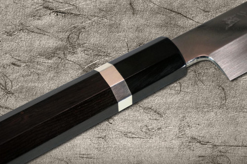 Sakai Takayuki Ginmaki Mirrored Honyaki Blue Steel Japanese Chefs YanagibaSashimi 300mm with Pure-Silver Ringed Ebony Handle in Paulownia Box