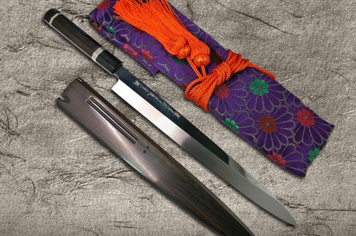 Sakai Takayuki Ginmaki Mirrored Honyaki Blue Steel Japanese Chefs YanagibaSashimi 300mm with Pure-Silver Ringed Ebony Handle in Paulownia Box