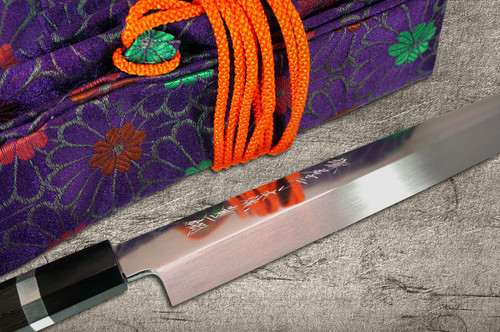 Sakai Takayuki Ginmaki Mirrored Honyaki Blue Steel Japanese Chefs YanagibaSashimi 300mm with Pure-Silver Ringed Ebony Handle in Paulownia Box