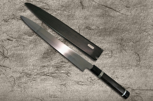 Sakai Takayuki Ginmaki Mirrored Honyaki Blue Steel Japanese Chefs YanagibaSashimi 300mm with Pure-Silver Ringed Ebony Handle in Paulownia Box