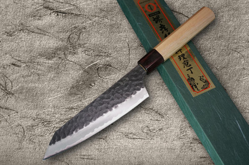 Sakai Takayuki Aogami Super Kurouchi Hammered WA Japanese Chefs Kengata-Santoku Knife 160mm