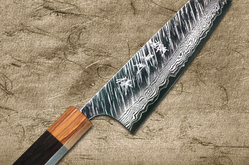 Yu Kurosaki VG10 Damascus FUJIN WA RS8H Japanese Chefs Gyuto Knife 180mm with Brown-Ring Octagonal Handle