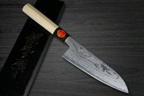 Shigeki Tanaka Aogami No.2 Damascus MB Japanese Chefs Santoku Knife 165mm with Magnolia Wood Handle