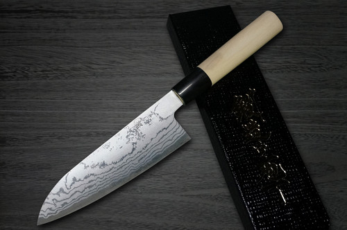 Coltello Santoku da Chef Giapponese MB in Damasco Aogami No.2 di Shigeki Tanaka 165mm con Manico in Legno di Magnolia