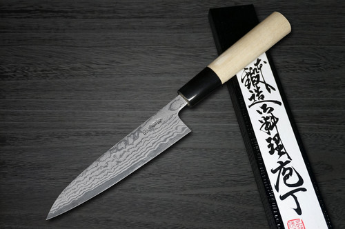 Couteau Petty (utilitaire) japonais de chef Shigeki Tanaka Aogami No.2 Damas MB 150 mm avec manche en bois de magnolia