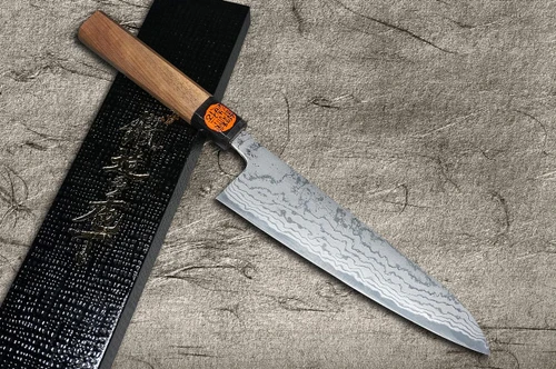 Shigeki Tanaka Aogami Nr.2 Damast WN Japanisches Koch-Kengata-Gyuto-Messer 180 mm mit Walnussgriff