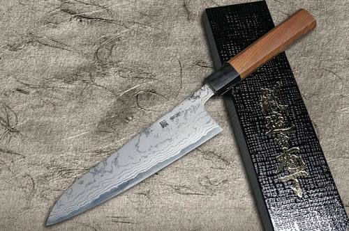 Shigeki Tanaka Aogami Nr.2 Damast WN Japanisches Koch-Kengata-Gyuto-Messer 180 mm mit Walnussgriff