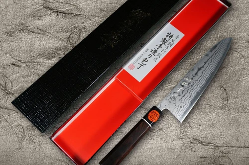 Shigeki Tanaka Aogami Nr.2 Damast EB Japanisches Kengata-Gyuto Kochmesser 180mm mit Ebenholzgriff