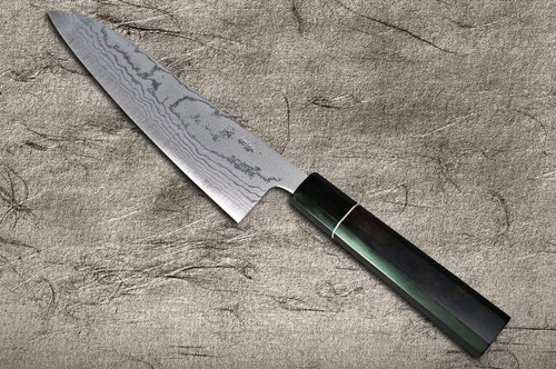 Shigeki Tanaka Aogami Nr.2 Damast EB Japanisches Kengata-Gyuto Kochmesser 180mm mit Ebenholzgriff
