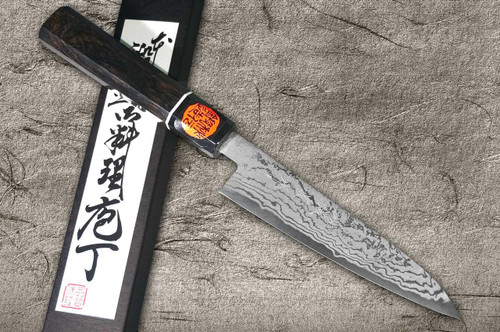 Shigeki Tanaka Aogami No.2 Damascus EB Japanese Chef's Petty Knife(Utility) 150mm with Ebony Handle 