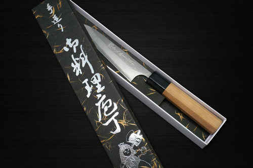 Yoshimi Kato Aogami Super Clad Nashiji AC Japanese Chefs Petty KnifeUtility 150mm with Black Cherry Octagonal Handle