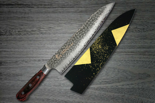 Sakai Takayuki 33-Layer VG10 Damascus Hammered Japanese Chefs Gyuto Knife and Saya SET 210mm with Genuine 24K Japanese Gold Leaf Saya Sheath