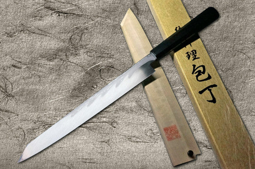 Yoshihiro Aogami No.1 Damascus Suminagashi B1SN-E Japanese Chefs Kiritsuke-YanagibaSashimi 270mm with Saya Sheath and Ebony Handle