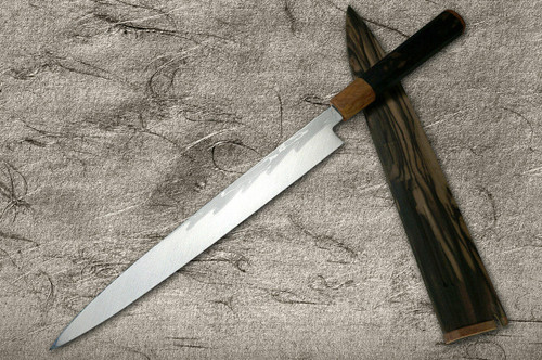 Yoshihiro Senbon Kurogaki Edition Aogami No.1 Damascus Suminagashi YanagibaSashimi 300mm with Special Black Persimmon Handle and Saya in Paulownia Box