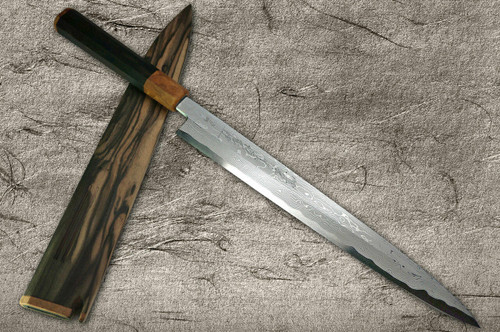 Yoshihiro Senbon Kurogaki Edition Aogami No.1 Damascus Suminagashi YanagibaSashimi 300mm with Special Black Persimmon Handle and Saya in Paulownia Box