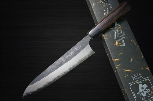 Yoshimi Kato Aogami Super Clad Kurouchi RS8 Japanese Chef's Gyuto Knife 240mm with Black-Ring Octagonal Rosewood Handle 