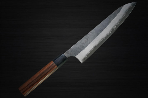 Yoshimi Kato Aogami Super Clad Kurouchi RS8 Japanese Chef's Gyuto Knife 240mm with Black-Ring Octagonal Rosewood Handle 
