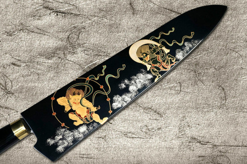 Takeshi Saji Makie-Art R2SG2 Mirrored Damascus Japanese Chefs Gyuto Knife 240mm with Urushi Lacquered Saya and Handle FUJIN RAIJIN