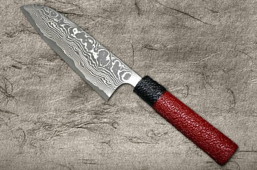 Takeshi Saji VG10 Black Damascus LL Japanese Chefs Santoku Knife 165mm with Black-Red Japanese Urushi Lacquered Handle