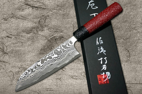 Takeshi Saji VG10 Black Damascus LL Japanese Chefs Santoku Knife 165mm with Black-Red Japanese Urushi Lacquered Handle
