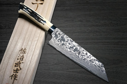 Takeshi Saji R2SG2 Black Damascus DHW Japanese Chefs Bunka Knife 180mm with White Antler Handle