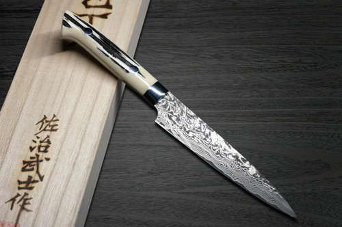 Takeshi Saji R2SG2 Black Damascus DHW Japanese Chefs Petty KnifeUtility 130mm with White Antler Handle