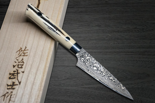 Takeshi Saji R2SG2 Black Damascus DHW Japanese Chefs Petty KnifeUtility 90mm with White Antler Handle