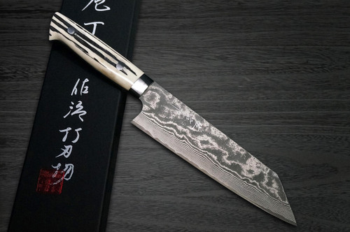 佐治武士 VG10黑色Damascus DHW日本厨师文化刀180mm，白鹿角手柄。