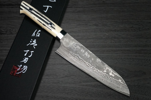 Takeshi Saji VG10 Black Damascus DHW Japanese Chefs Santoku Knife 180mm with White Antler Handle