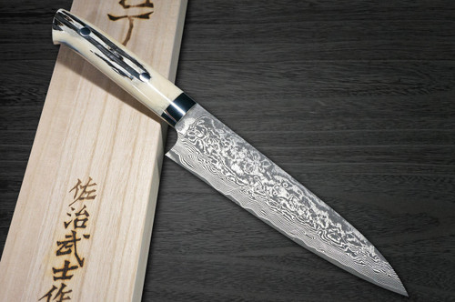 Takeshi Saji R2SG2 Black Damascus DHW Japanese Chefs Gyuto Knife 180mm with White Antler Handle