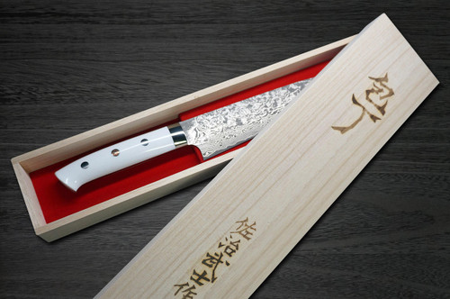 Takeshi Saji R2SG2 Black Damascus CRW Japanese Chefs Gyuto Knife 180mm with White Stone Handle