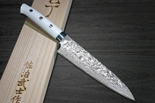 Takeshi Saji R2SG2 Black Damascus CRW Japanese Chefs Gyuto Knife 180mm with White Stone Handle