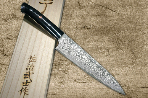 Takeshi Saji R2SG2 Black Damascus MCC Japanese Chefs Gyuto Knife 180mm with Striped Black Micarta Handle