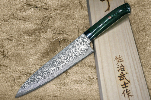 Takeshi Saji R2SG2 Black Damascus MCF Japanese Chefs Gyuto Knife 180mm with Dark-Green Micarta Handle