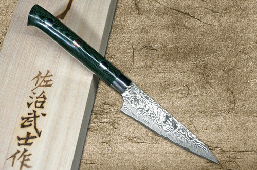 Takeshi Saji Folding R2(SG2) Black Damascus Steak Knife 100mm with White  Micarta Handle