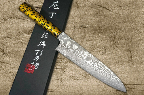 Takeshi Saji VG10 Black Damascus LC Japanese Chefs Gyuto Knife 210mm with Gold-Gold Japanese Urushi Lacquered Handle