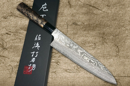 Takeshi Saji VG10 Black Damascus LC Japanese Chefs Gyuto Knife 210mm with Black-Gold Japanese Urushi Lacquered Handle