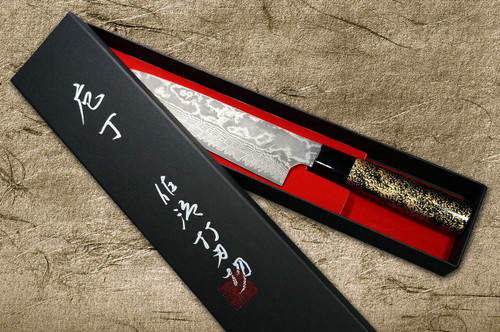 Takeshi Saji VG10 Black Damascus LC Japanese Chefs Gyuto Knife 210mm with Black-Gold Japanese Urushi Lacquered Handle