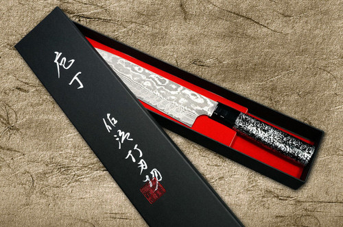 Takeshi Saji VG10 Black Damascus LC Japanese Chefs Gyuto Knife 210mm with Black-Silver Japanese Urushi Lacquered Handle