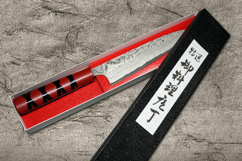 Takeshi Saji VG10 Black Damascus CS Japanese Chefs Gyuto Knife 210mm with Red-Red Urushi Lacquered HandleX-Obi