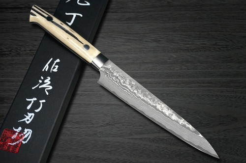 Takeshi Saji VG10 Black Damascus DHW Japanese Chefs Petty KnifeUtility 150mm with White Antler Handle