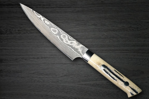 Takeshi Saji VG10 Black Damascus DHW Japanese Chefs Petty KnifeUtility 130mm with White Antler Handle
