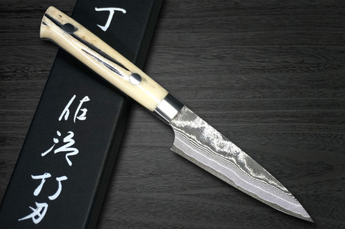 Takeshi Saji VG10 Black Damascus DHW Japanese Chefs Petty KnifeUtility 90mm with White Antler Handle