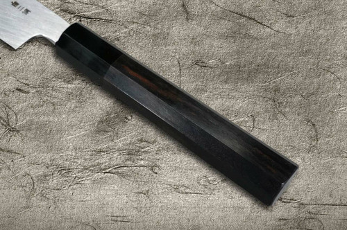 Sakai Takayuki Mirrored Honyaki Water-Quenched Fuji-on-Wave Yanagiba and Saya SET 300mm with Ebony Handle