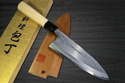 Yoshihiro Aogami No.1 Damascus Suminagashi B1SN Japanese Chefs Deba Knife 225mm with Saya Sheath and Magnolia Wood Handle