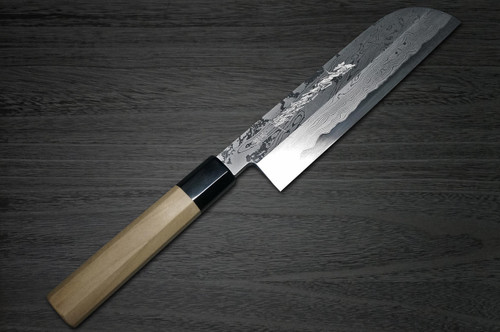 Yoshihiro Aogami No.1 Damascus Suminagashi B1SN Japanese Chefs Kamagata-UsubaVegetable 195mm with Saya Sheath and Magnolia Wood Handle