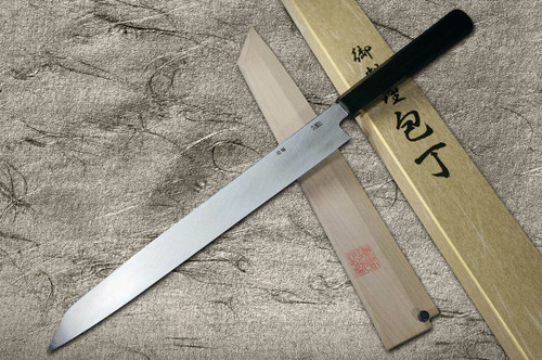 Yoshihiro Gingami No.3 Damascus Suminagashi G3SN-E Japanese Chefs Kiritsuke-YanagibaSashimi 300mm with Saya Sheath and Ebony Handle