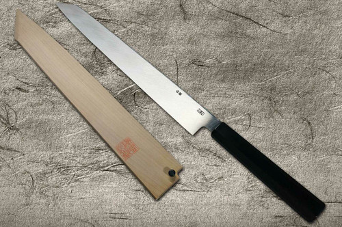 Yoshihiro Gingami No.3 Damascus Suminagashi G3SN-E Japanese Chefs Kiritsuke-YanagibaSashimi 300mm with Saya Sheath and Ebony Handle